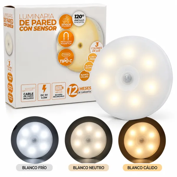 Luz Nocturna LED Sensor Movimiento Magnética USB-C